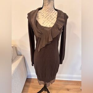 Les Copains brown wool sweater dress with a cowl neck and lace trim slip BNWT